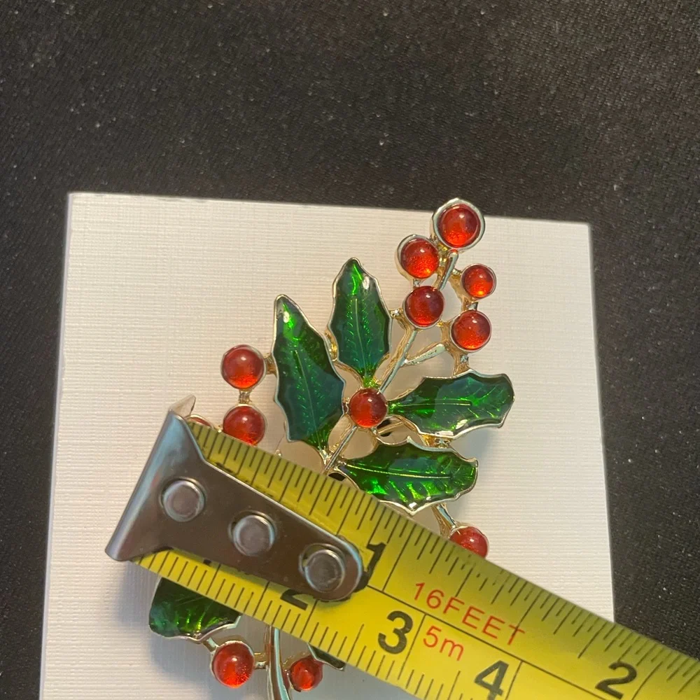 Brooch Holiday Holly Leaf Brooch with Red Berry Accents new tag